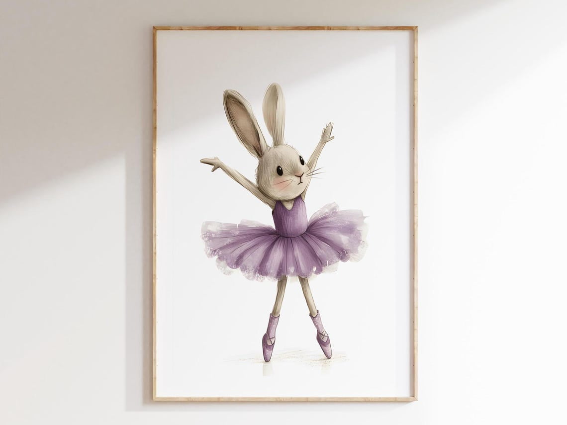DOPAPRINT Whimsical Rabbit Ballerina Print Purple Tutu Wall Art Cute ...