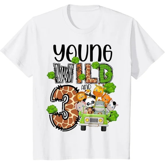 DOPASHIRT 3Rd Birthday Young Wild Three 3 Year Old Safari Zoo T-Shirt Unisex S-5XL Hot Trending Shirt, Vintage Birthday Gift
