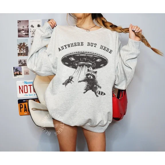 DOPASHIRT Anywhere But Here, Funny Animals Ufo Sweatshirt, Weird Crewneck Sweatshirts Trendy Sweatshirt, Birthday Gift