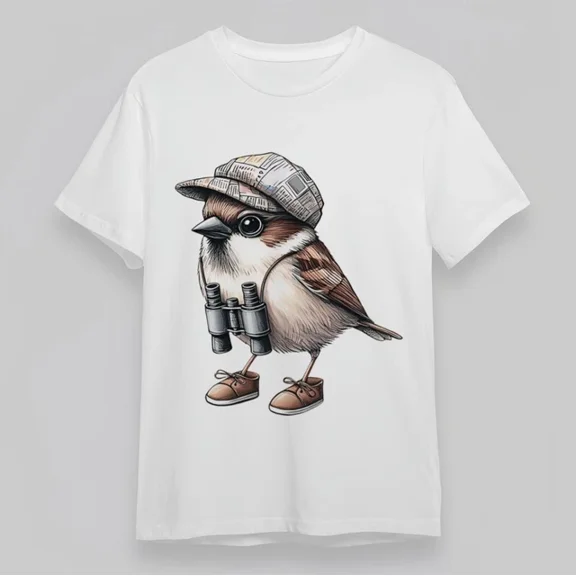 DOPASHIRT Bird With Binoculars Newspaper Hat Art Cotton Tee Unisex S-5XL Hot Trending Shirt, Vintage Birthday Gift