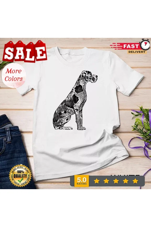 Black And White Great Dane Dog T-Shirt Unisex S-5XL Hot Trending Shirt, Vintage Birthday Gift