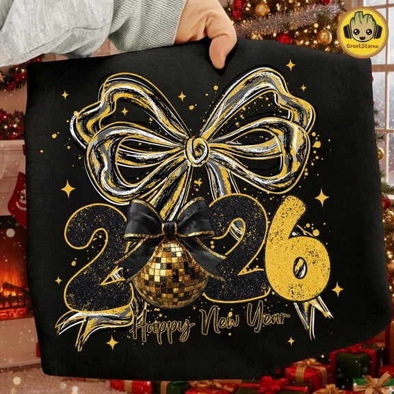 DOPASHIRT Black Gold New Year 2026 Shirt Sparkly Disco Ball Party Design Unisex S-5XL