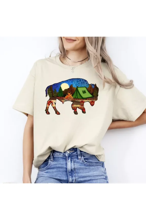 Buffalo Tribe Camp T-Shirt Buffalo Tent Bonfire Camping Tee White Sp Unisex S-5XL Hot Trending Shirt, Vintage Birthday Gift