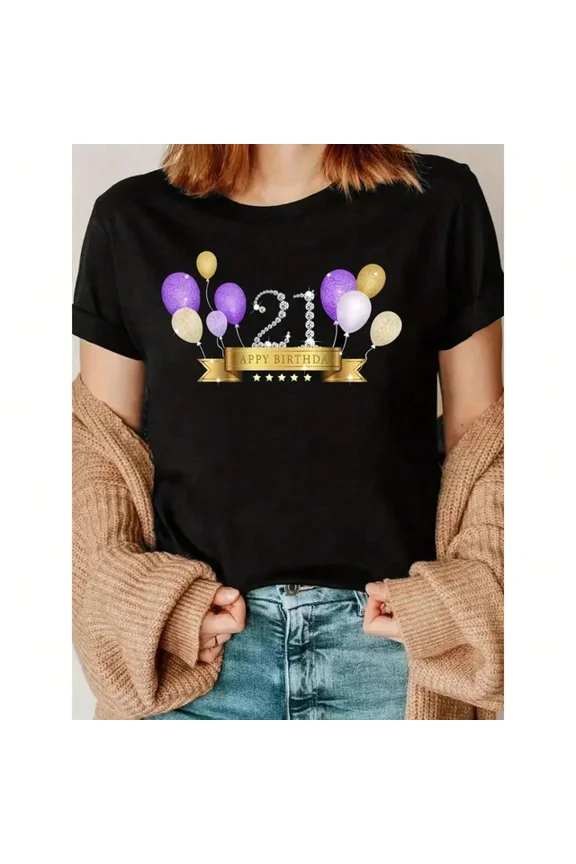DOPASHIRT Casual 21St Birthday T-Shirt With Purple Balloons And Confetti Print Unisex S-5XL Hot Trending Shirt, Vintage Birthday Gift