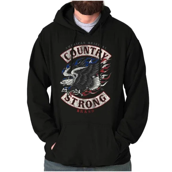 DOPASHIRT Country Strong Brand Usa Flag Eagle Logo Hoodie Outdoor Hoodie, Trendy Hoodie, Birthday Gift