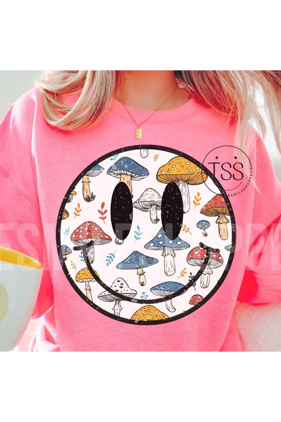 DOPASHIRT Distressed smile Face mushroom Shirt Groovy flowers, rainbow, hearts mushroom Shirt s retro Shirt