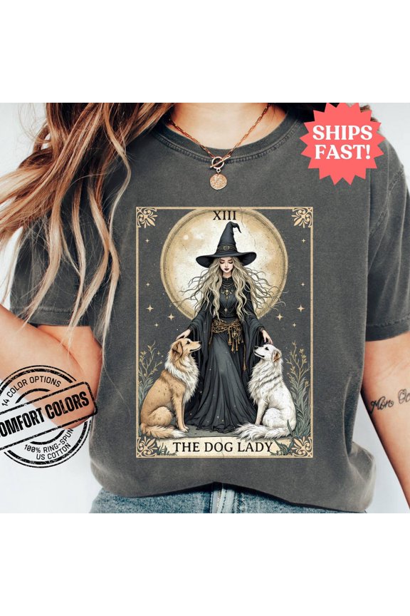 DOPASHIRT Dog Lady Witchy Graphic Tee, Vintage T-Shirt For Women, Moon & Dogs , Gothic Dog Mom Gift Unisex S-5XL Hot Trending Shirt, Vintage Birthday Gift