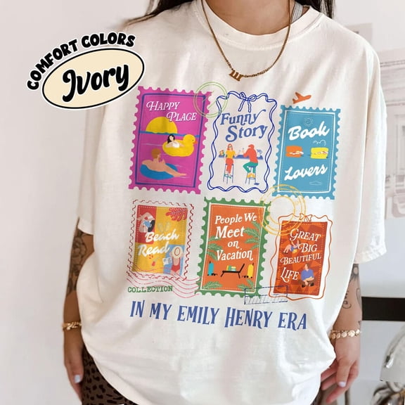 DOPASHIRT Emily Henry Book Stamps Shirt, Book Girl T Shirt, Happy Place Book Lover, Gift For Romance Reader Unisex S-5XL Hot Trending Shirt, Vintage Birthday Gift