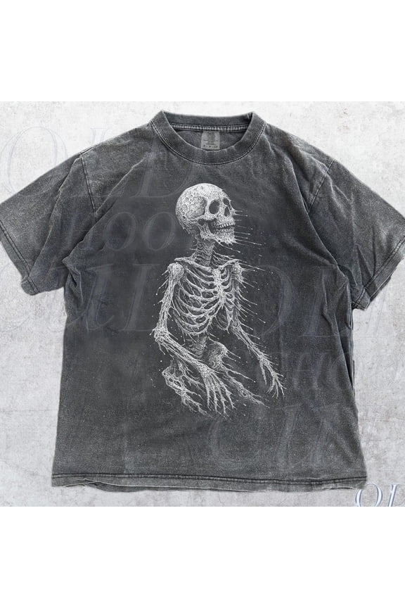 Faded Skeleton Vintage 90S Style Graphic Shirt, Skeleton Y2K Goth Retro Tee, 2000S Emo Clothes, Skull Streetwear Oversize Tee Unisex S-5XL Hot Trending Shirt, Vintage Birthday Gift