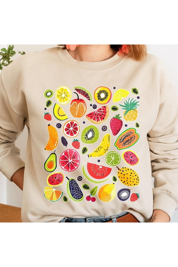 Fruit Sweatshirt, Cute Colorful Tropical Fruits Slice Pullover, Lemon Citrus Strawberry, Fruity Maximalist Sweater, Gift For Her Trendy Sweatshirt, Birthday Gift