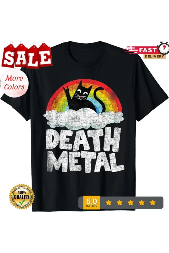 DOPASHIRT Funny Cat Rainbow Heavy Metal Musical Goth Band T-Shirt Unisex S-5XL Hot Trending Shirt, Vintage Birthday Gift