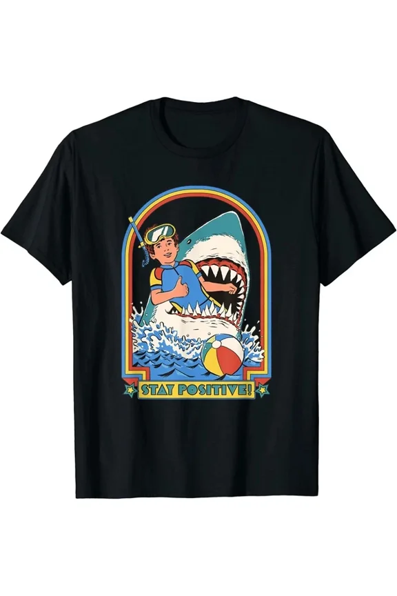 Funny Stay Positive Shark Attack Shirt Vintage Comedy T-Shirt Trend Unisex S-5XL Hot Trending Shirt, Vintage Birthday Gift