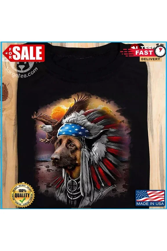 DOPASHIRT German Shepherd Warrior With War Bonnet Eagle American Flag 4Th Of July T-Shirt Unisex S-5XL Hot Trending Shirt, Vintage Birthday Gift