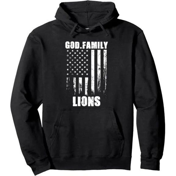 DOPASHIRT God. Family. Lions. Vintage Usa Flag Design American Hoodie Outdoor Hoodie, Trendy Hoodie, Birthday Gift
