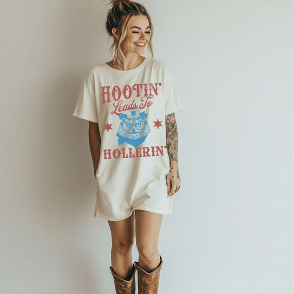 DOPASHIRT Hootin' Leads To Hollerin' Graphic Tee, Distressed Cowgirl Tee, Funny Midwest Shirt, Trendy Midwestern Apparel, Retro Owl T Shirt Unisex S-5XL Hot Trending Shirt