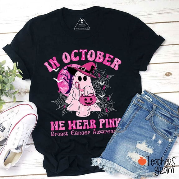 DOPASHIRT In October We Wear Pink Ghost Pumpkin Teacher T-Shirt Unisex S-5XL Hot Trending Shirt, Vintage Birthday Gift