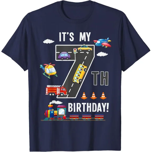 DOPASHIRT Its My 7Th Birthday Boy 7 Bday Train Car Fire Truck Airplane T-Shirt Unisex S-5XL Hot Trending Shirt, Vintage Birthday Gift