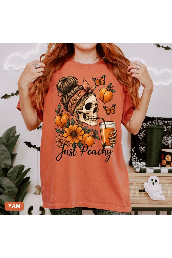 Just Peachy Shirt, Funny Hal.Low.Een Mom T-Shirt, Sp00Ky Season Skeleton Mom With Messy Bun Tshirt, Cute Girly Pop Goth Tee Unisex S-5XL Hot Trending Shirt, Vintage Birthday Gift