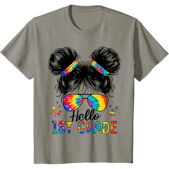 DOPASHIRT Kids Hello 1St Grade Messy Hair Bun Girl Back To School First Day T-Shirt Unisex S-5XL Hot Trending Shirt, Vintage Birthday Gift