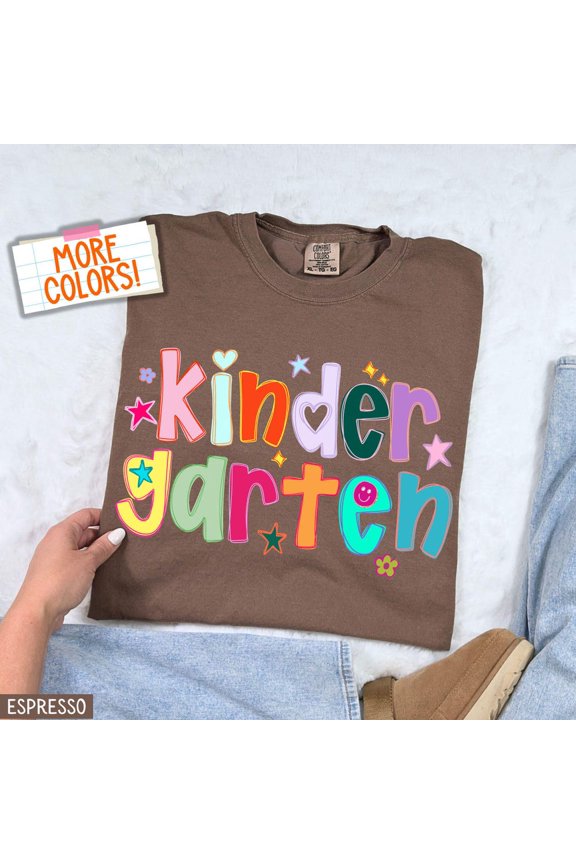 DOPASHIRT Kindergarten Teacher Shirt Funny Preppy Hand Drawn Colorful Doodle Star Smiley Messy Teacher T-Shirt Appreciation Gift Tee Unisex S-5XL Hot Trending Shirt, Vintage Birthday Gift