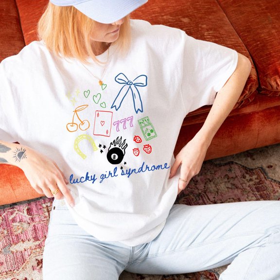 DOPASHIRT Lucky Girl Syndrome Graphic Tee Hand Drawn 8 Ball Shirt Box Of Matches Apparel Strawberry Clothing Coquette 777 Karma Heart Gift Unisex S-5XL Hot Trending Shirt, Vintage Birthday Gift