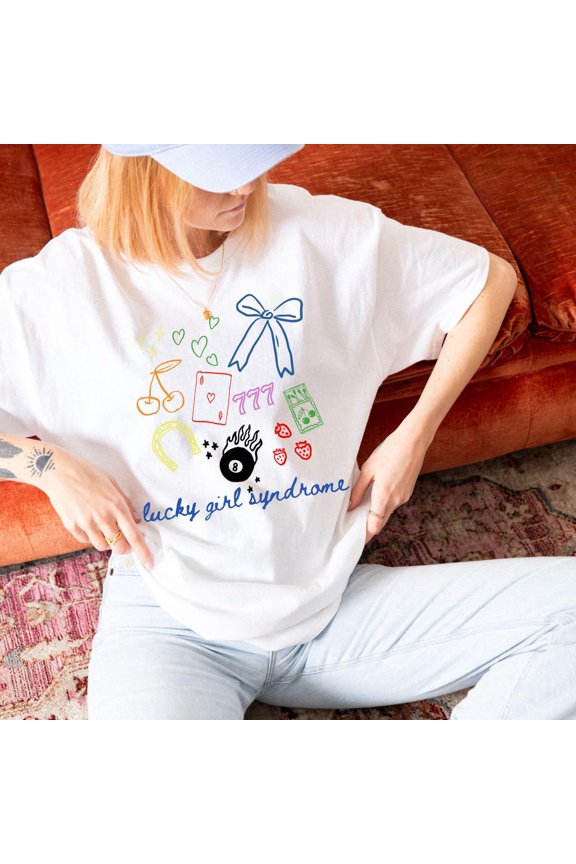 Lucky Girl Syndrome Graphic Tee Hand Drawn 8 Ball Shirt Box Of Matches Apparel Strawberry Clothing Coquette 777 Karma Heart Gift Unisex S-5XL Hot Trending Shirt, Vintage Birthday Gift