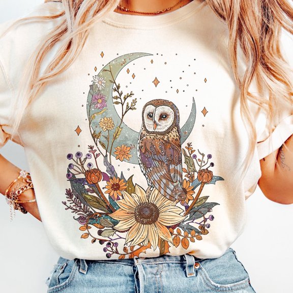 DOPASHIRT Luna Owl Shirt, Cottagecore Mystical Whimsical Floral Owl Moon T-Shirt, Trendy Vintage Woman'S Oversized Tee Bird Lovers Gift Unisex S-5XL Hot Trending Shirt, Vintage Birthday Gift