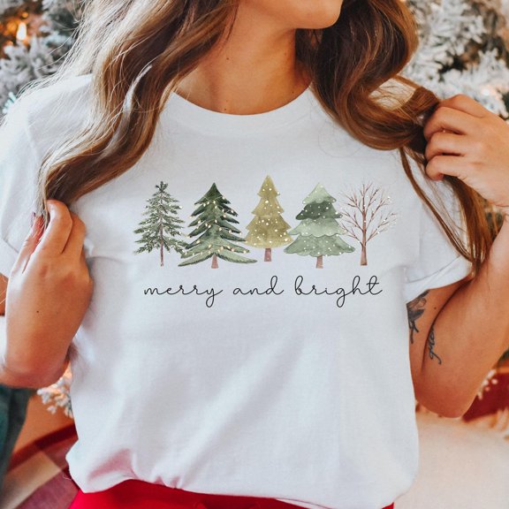 DOPASHIRT Merry And Bright Trees T-Shirt, Green Trees Xmas Shirt, Merry Xmas Shirt, Xmas Tree Shirt, Xmas Shirt Unisex S-5XL Hot Trending Shirt, Vintage Birthday Gift