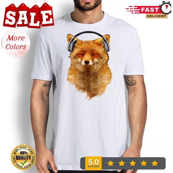 DOPASHIRT Musical Fox Graphic Tee Animal Print Tshirt Fox Headphones Shirt Men Women Unisex S-5XL Hot Trending Shirt, Vintage Birthday Gift