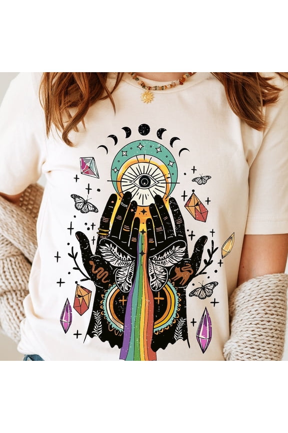 Mystical Witc.Hy Hands Shirt, Bohemian Celestial Evil-Eye, Butterfly, Rainbows & Crystals, Tarot Whimsigoth Spiritual Tee, Gift For Hippies Unisex S-5XL Hot Trending Shirt