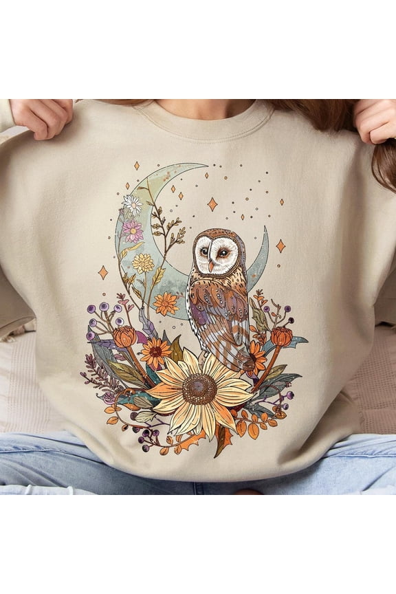 Owl Sweatshirt Cottagecore Boho Floral Owl Sweater, Celestial Mystical Moon Owl Sweatshirt Fall Vibe Luna Owl Hoodie Bird Lovers Gift Trendy Sweatshirt, Birthday Gift