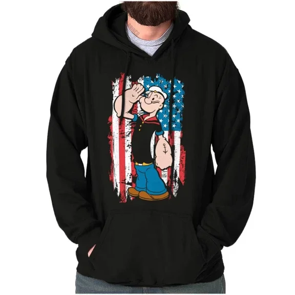 DOPASHIRT Popeye The Sailor Man Salute American Flag Hoodie Outdoor Hoodie, Trendy Hoodie, Birthday Gift