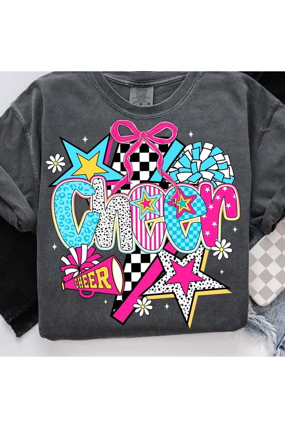 Preppy Coquette Cheer Shirt, Cheerleader Shirt, Cheer Mom Shirt, Cheer Season Shirt, Colorful Checker Bow Pom Pom Shirt, Team Spirit Shirt Unisex S-5XL Hot Trending Shirt