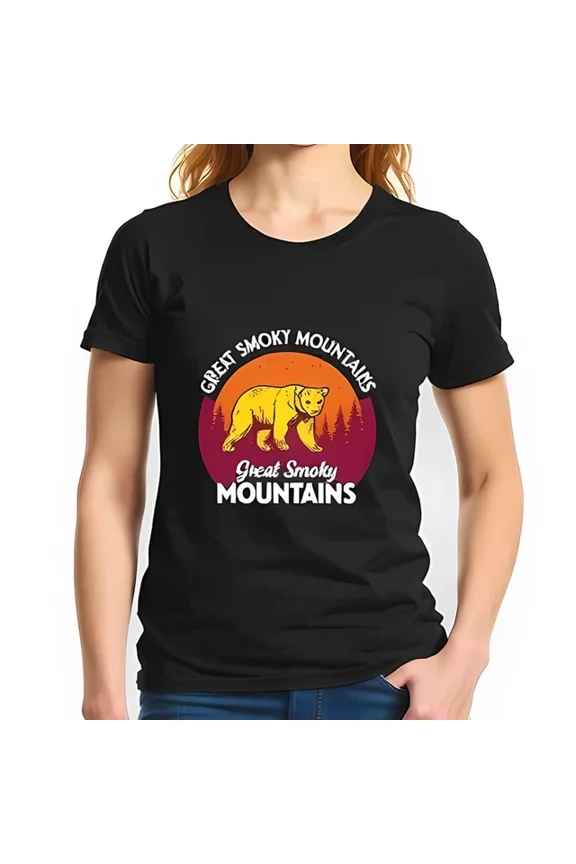 Retro Great Smoky Mountains T-Shirt - Yellow Bear & Sunset Circle Unisex S-5XL Hot Trending Shirt, Vintage Birthday Gift