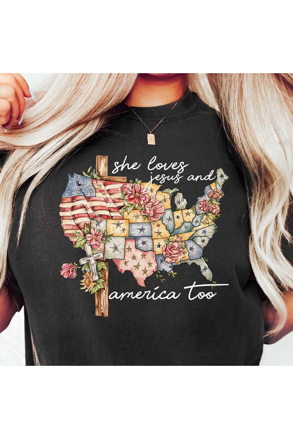DOPASHIRT Retro USA Shirt, USA Graphic Tee, Boho 4th of July Shirt, USA Map Shirt, Womens 4th of July, Fourth of July, She Loves Jesus and America Tee Unisex S-5XL Hot Trending Shirt