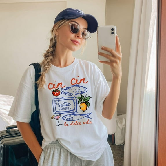 DOPASHIRT Sardines Graphic Tee, Hand Drawn Cin Cin Shirt, Trendy Fisherman Core Apparel, La Dolce Vita Italia Clothing, Travel To Italy Gift Unisex S-5XL Hot Trending Shirt, Vintage Birthday Gift