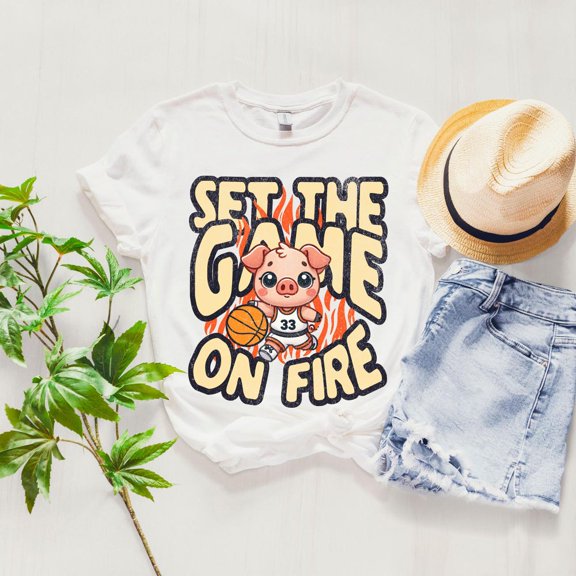 DOPASHIRT Set The Game On Fire Pig T-Shirt, Fun Sports Tee, Casual Tee For Basketball Fans, Unique Pig Design, Softstyle Shirt Unisex S-5XL Hot Trending Shirt, Vintage Birthday Gift