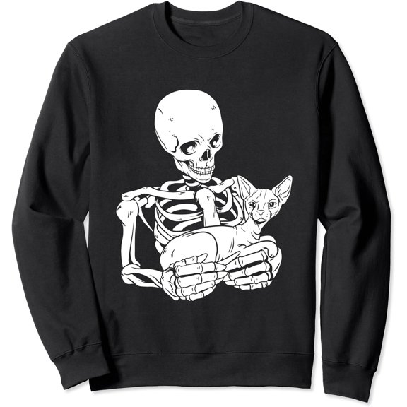 DOPASHIRT Skeleton Holding Cat Funny Hal.Low.Een Skull Sphynx Cat Sweatshirt Trendy Sweatshirt, Birthday Gift