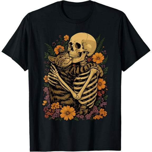 DOPASHIRT Skeleton Hugging Cat Floral Hal.Low.Een Cats Lover T-Shirt Unisex S-5XL Hot Trending Shirt, Vintage Birthday Gift