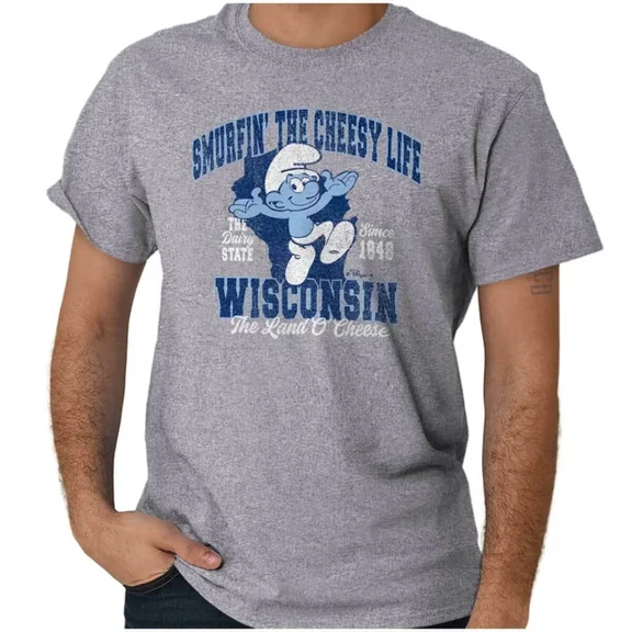 DOPASHIRT Smurfs Wisconsin Dairy State Cheesy Cartoon Womens Or Mens Crewneck T Shirt Unisex S-5XL Hot Trending Shirt, Vintage Birthday Gift