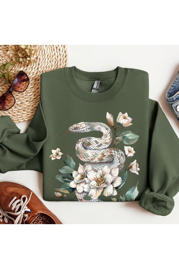 Snake Sweatshirt, Serpent Flowers, Boho Vintage Goblincore Witc.Hy Pullover, Cottagecore Botanical Floral White Snake Sweater Gift Trendy Sweatshirt, Birthday Gift