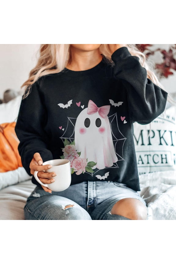 Sp00Ky Coquette Ghost Sweatshirt Pink Bow Hal.Low.Een Cute Pastel Goth Fall Ghostcore Pullover Girly Ghost Sweater Trendy Sweatshirt, Birthday Gift