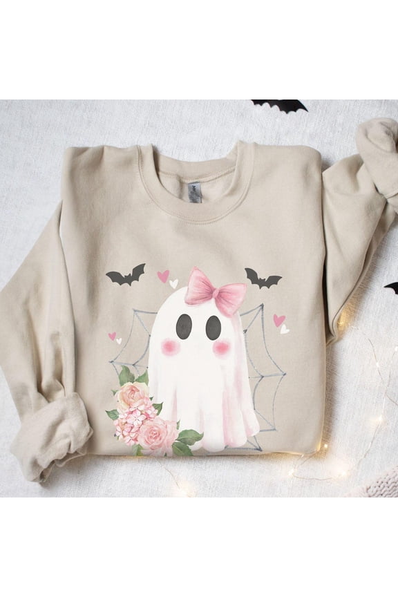 Sp00Ky Coquette Ghost Sweatshirt Pink Bow Hal.Low.Een Cute Pastel Goth Fall Ghostcore Pullover Girly Ghost Sweater Trendy Sweatshirt, Birthday Gift