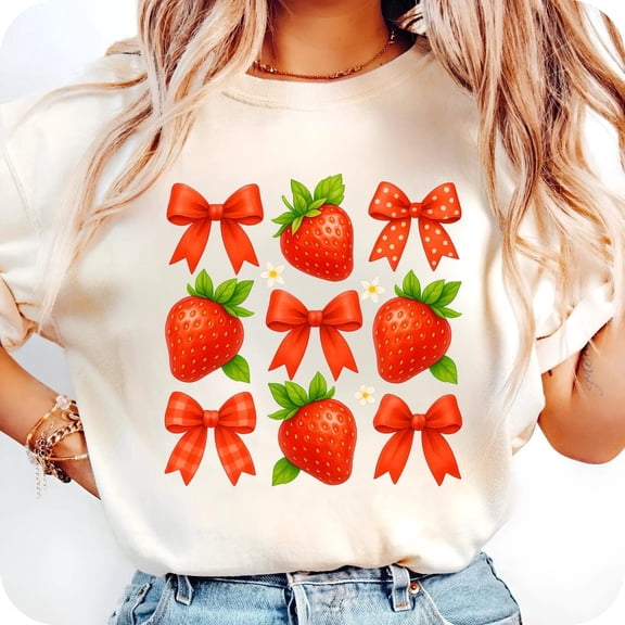 DOPASHIRT Strawberry Bow Shirt Cute Summer Fruit T-Shirt Kawaii Strawberry For & Cricut Red Bow Unisex S-5XL Hot Trending Shirt, Vintage Birthday Gift