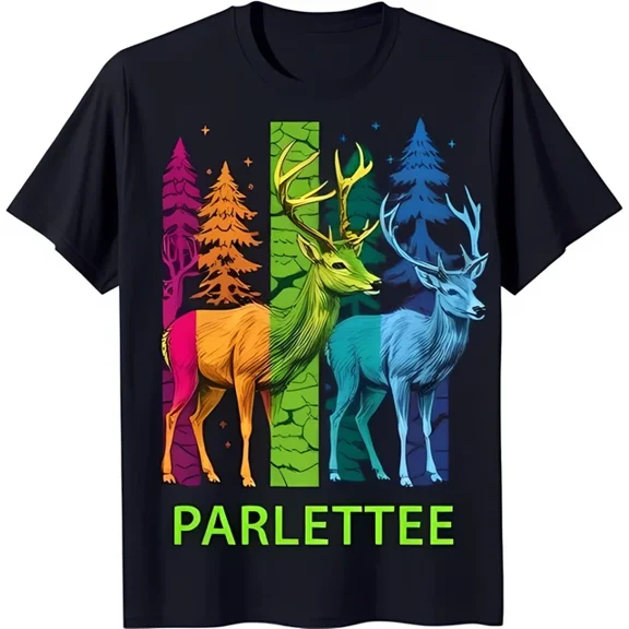 DOPASHIRT Stylish Black T-Shirt With Rainbow Gradient Deer Design In Colorful Forest Unisex S-5XL Hot Trending Shirt, Vintage Birthday Gift