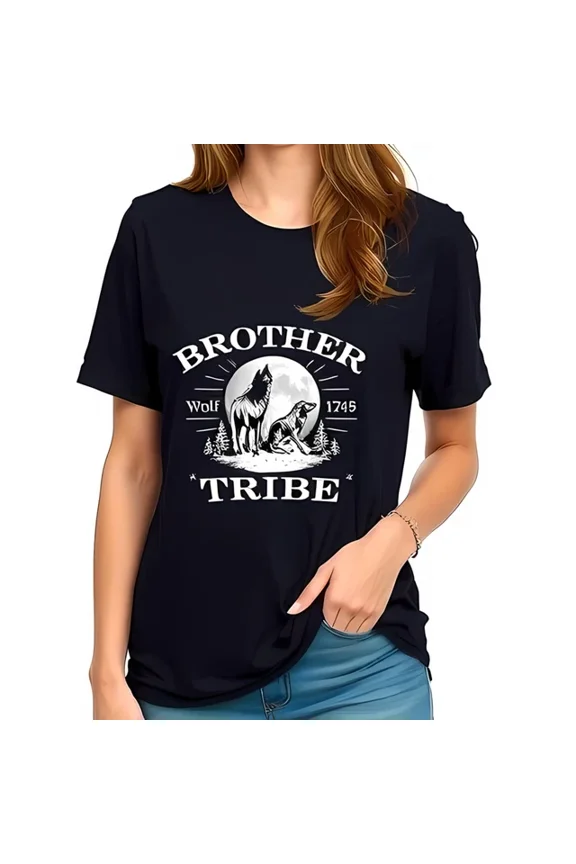 DOPASHIRT Stylish Navy Blue Cotton Short Sleeve T-Shirt With Wolves And Moon Unisex S-5XL Hot Trending Shirt, Vintage Birthday Gift