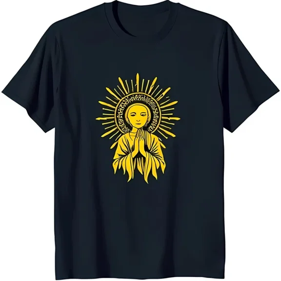 DOPASHIRT Stylized Yellow Praying Woman Graphic T-Shirt Dark Blue Tee For Spiritual Vibes Unisex S-5XL Hot Trending Shirt, Vintage Birthday Gift