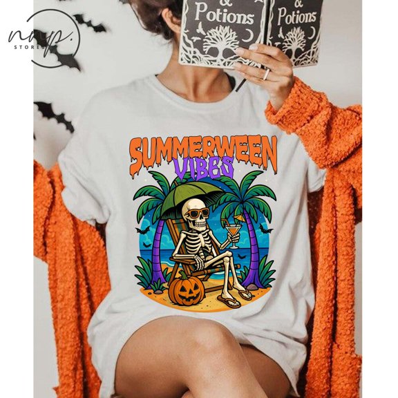 DOPASHIRT Summerween Vibes Shirt, Funny Skeleton Summer Hal.Low.Een Shirt, Hal.Low.Een In Summer Shirt, Trendy Sp00Ky Pumpkins Creepy Tee Unisex S-5XL Hot Trending Shirt, Vintage Birthday Gift