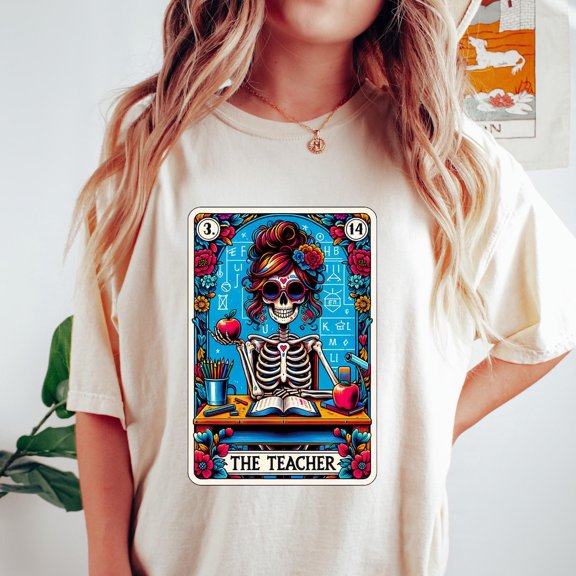DOPASHIRT Teacher Shirt, Teacher Tarot Card T-Shirt, New Future Skeleton Teacher Hal.Low.Een Gift, Back To School Gift, Teacher Appreciation Tee Unisex S-5XL Hot Trending Shirt, Vintage Birthday Gift