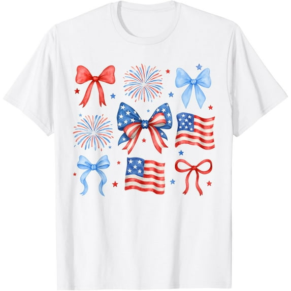 DOPASHIRT Usa Flag Fireworks Bows Patriotic 4Th Of July Coquette Girls T-Shirt Unisex S-5XL Hot Trending Shirt, Vintage Birthday Gift